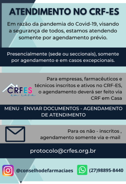 Atendimento Presencial CRF ES CONSELHO REGIONAL DE FARMÁCIA DO